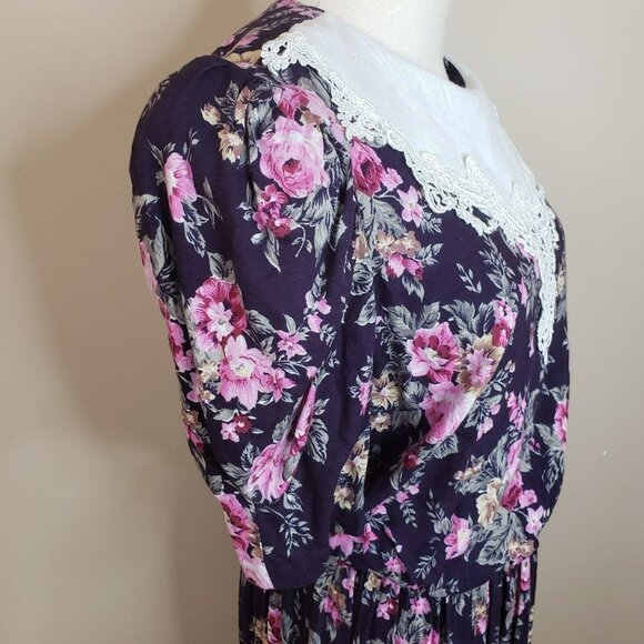 Vtg 80's Floral Dress Cottage Prairie Lace Traditional Garden Party Blue Medium - Picture 8 of 12
